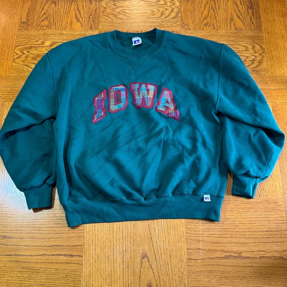 Vintage Russell Athletic Green Crewneck Sweater Iowa Embroidered Made in USA